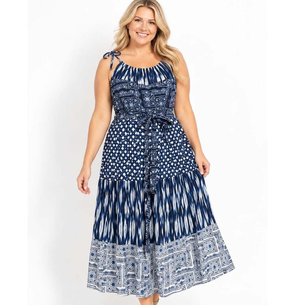 Lane Bryant IKAT Patchwork Midi Dress Womens Size 14/16 Tie-Neck Belted BOho